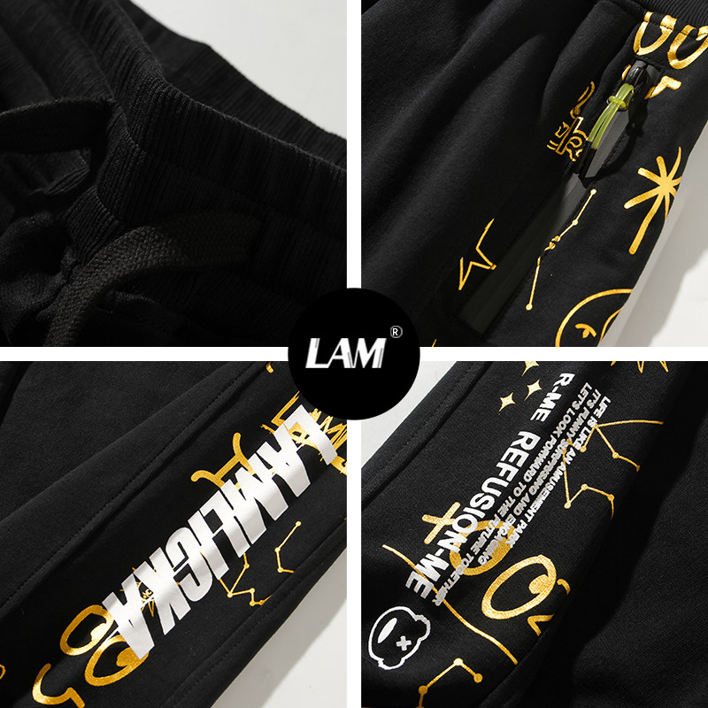 LAMLICKA烫金熊猫字母束脚休闲裤男潮牌春季美式大码运动卫裤宽松,淘宝优惠券,粉丝福利购,淘宝优惠卷