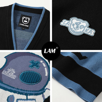 LAMLICKA ສີທີ່ກົງກັນຂ້າມກັບ spaceman jacquard v-neck sweater ຜູ້ຊາຍ trendy ວ່າງ lazy ເສື້ອ sweater cardigan