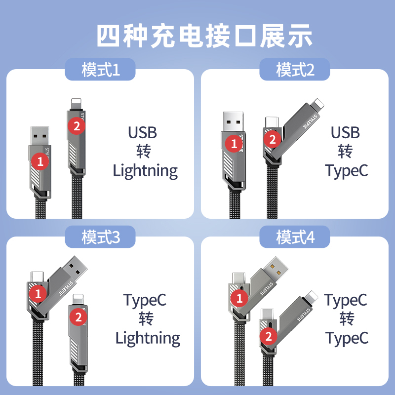 60W短款快充便携数据线适用苹果华为小米iphone15/14/13安卓手机双头type c口充电宝短线笔记本四合一充电线