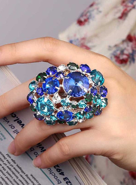 奢华彩色水晶镶钻大号开口戒指女