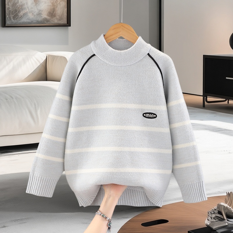 男童毛衣一体绒加厚中学生圆领打底衫中大童内搭针织衫不起球毛衣 - 图2