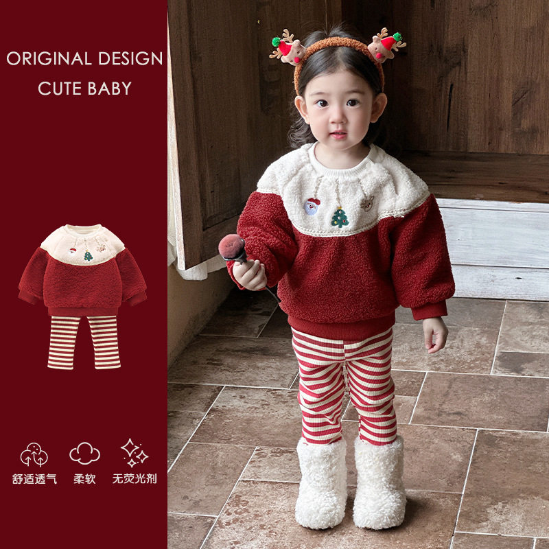 婴儿秋冬套装2025新款女宝宝加绒打底衫夹棉背带裤冬季衣服两件套,淘宝优惠券,粉丝福利购,淘宝优惠卷