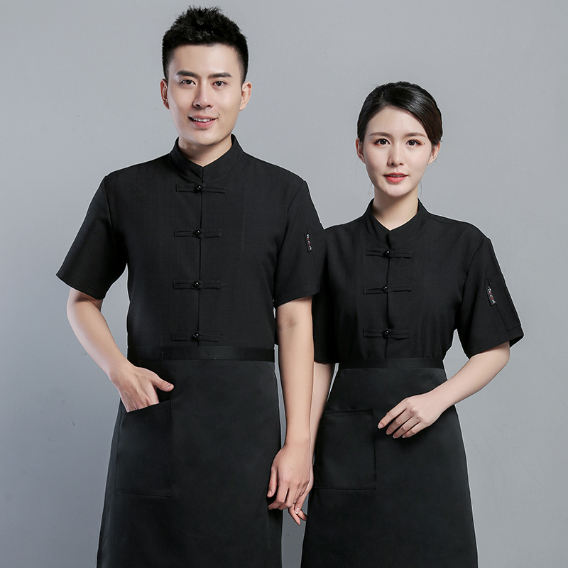 厨师工作服男短袖时尚餐饮饭店后厨房工衣厨师服短袖夏季透气棉麻