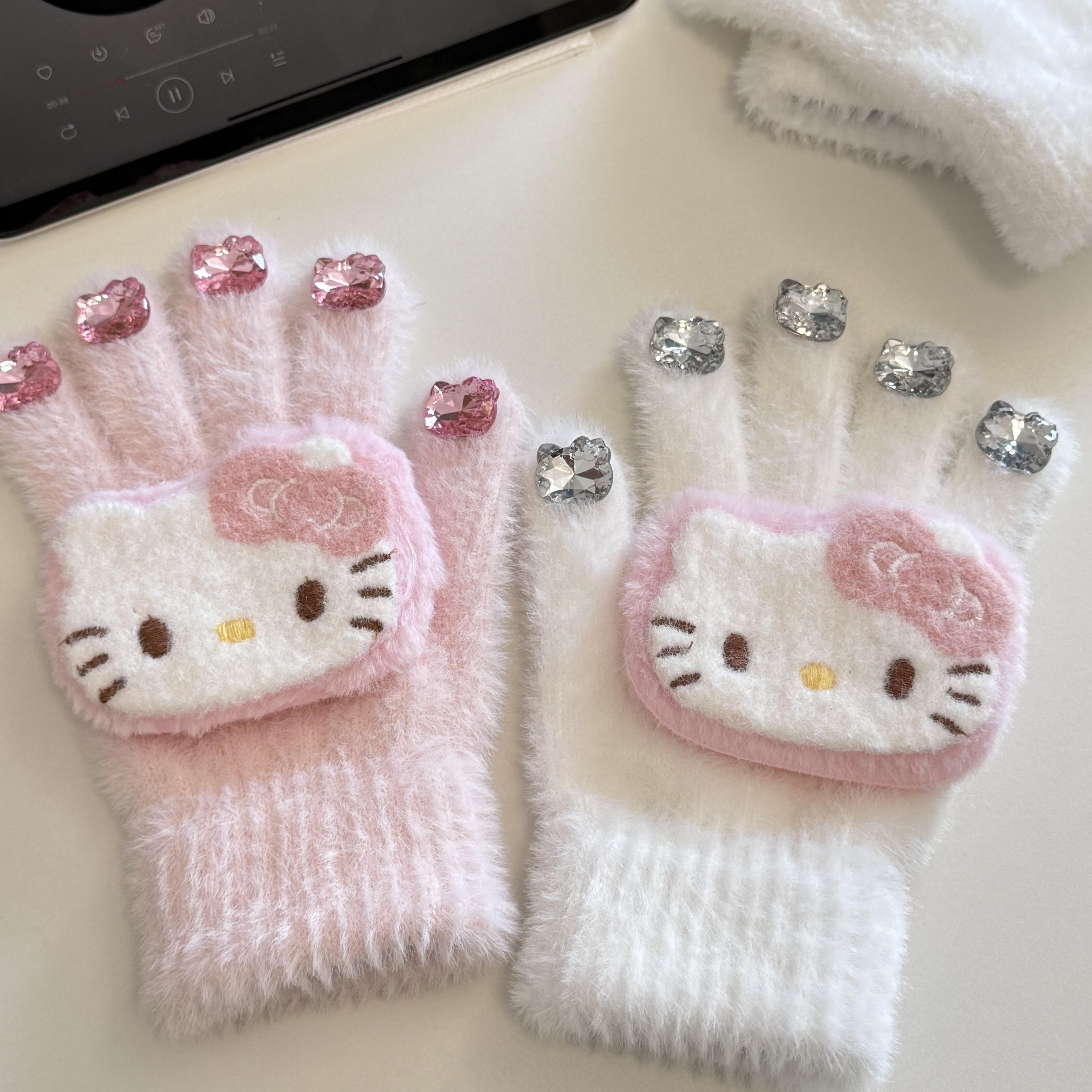 可爱KT水钻毛绒分指露指触屏儿童手套女冬季防寒防风保暖加厚,淘宝优惠券,粉丝福利购,淘宝优惠卷