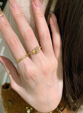 中古宫廷风粉色鸽子蛋爱心拉丝戒指女开口可调节轻奢个性新品手饰