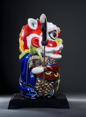 岭南国潮醒狮门神石湾陶瓷摆件