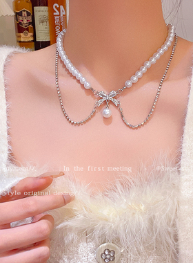 浪漫出逃~双层蝴蝶结珍珠项链女款轻奢小众优雅贵气锁骨链颈链潮