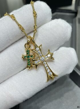 v金高版克罗伈双十字架吊坠项链镶钻红色镀18k重工高版本竹节链