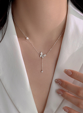 s925纯银珍珠流苏蝴蝶锁骨链轻奢