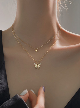 s925纯银闪钻蝴蝶双层项链锁骨链