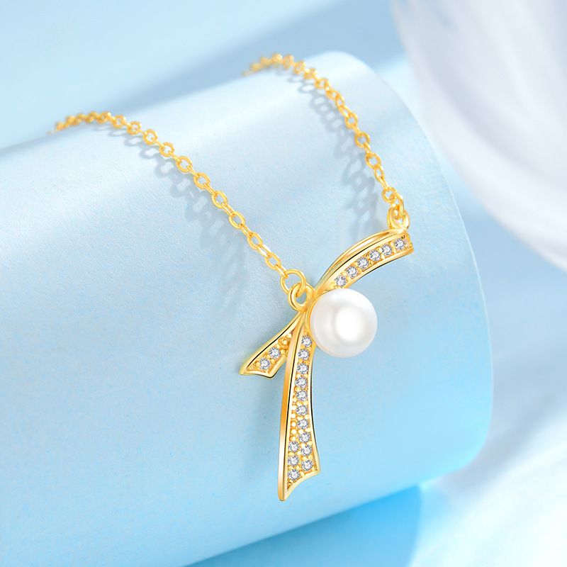 S925纯银珍爱蝴蝶结项链单边蝴蝶结珍珠锁骨链项链精致公主闪钻 - 图1