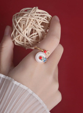 中国风祥云戒指 小众设计复古风和田玉耳环尾戒时尚项链手链套装