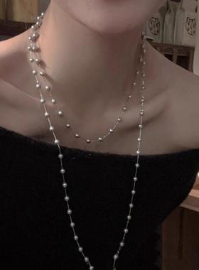 双层叠戴长款珍珠项链女轻奢小众时尚满天星设计感铂金灰毛衣链潮