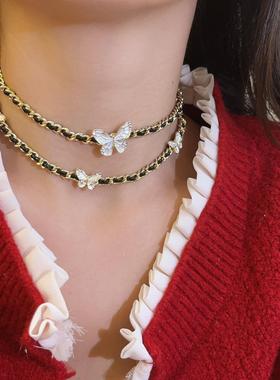 蝴蝶项链女法式黑色编织中古项链百搭高级感小众设计时尚项圈颈链