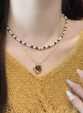 双层叠戴虎眼石吊坠项链女款