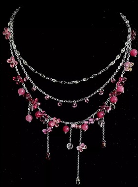 粉黛佳人粉色花朵蝴蝶水晶项链