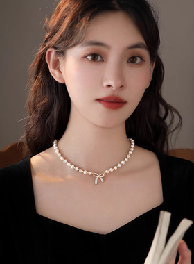 日韩珍珠微镶锆石蝴蝶结项链