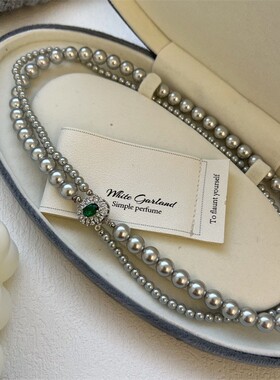 倪妮同款祖母绿仿珍珠双层锁骨链