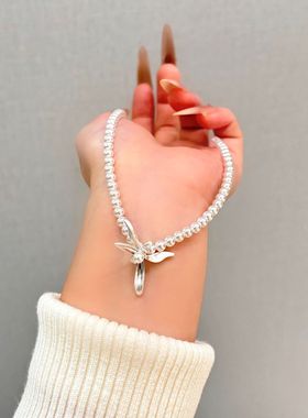 银色新中式兰花仿珍珠锁骨链