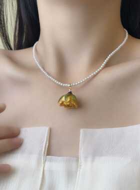 天然真花干花玫瑰花项链女2025年新款爆款小米珠串珠项链颈链配饰