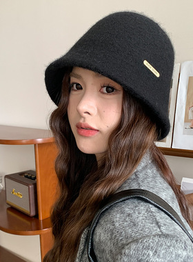 帽子女百搭保暖护耳羊毛呢渔夫帽大头围显脸小遮脸盆帽秋冬季水桶