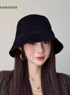 日系复古渔夫帽灯芯绒褶皱帽子女大头围显脸小水桶帽时尚