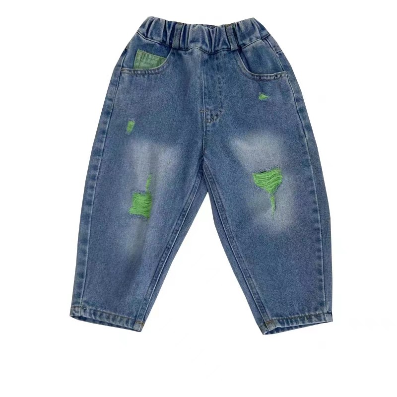 绿色破洞牛仔裤网红潮流新款童装儿童裤子男童女童休闲裤春秋长裤,淘宝优惠券,粉丝福利购,淘宝优惠卷