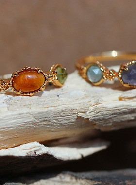 agete风14k黄金复古琥珀天然玛瑙绿水晶和堇青石水晶宝石多宝戒指