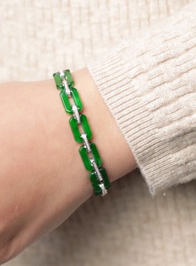 满绿翡翠钻石手链女款方形镶钻18K金闺蜜小众生日礼物手链送女生