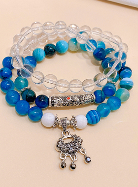 复古新中式蓝色马瑙如意锁手链女