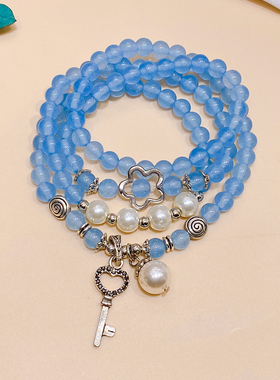 复古蓝色水晶可爱花朵钥匙手链女