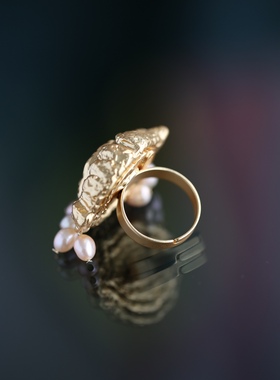 vintage复古天然米粒珍珠镀金绿色眼睛开口戒指