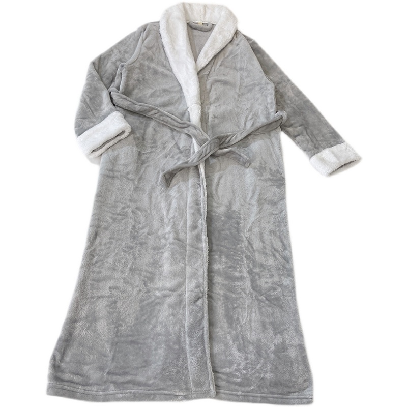 睡袍女冬季加绒加厚珊瑚绒加长款日式和服系带法兰绒保暖浴袍睡裙 - 图3