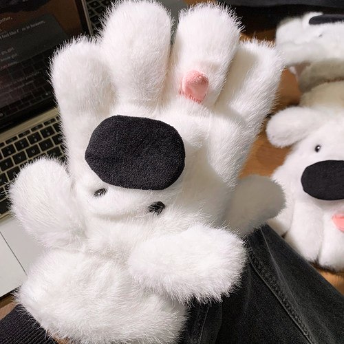 可爱小狗毛绒五指手套女生冬季保暖加绒加厚骑行御寒防风2025新款 - 图1