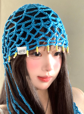 蓝色流苏镂空针织包头帽女夏季
