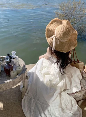 蕾丝大檐波浪拉菲草帽女夏季海边