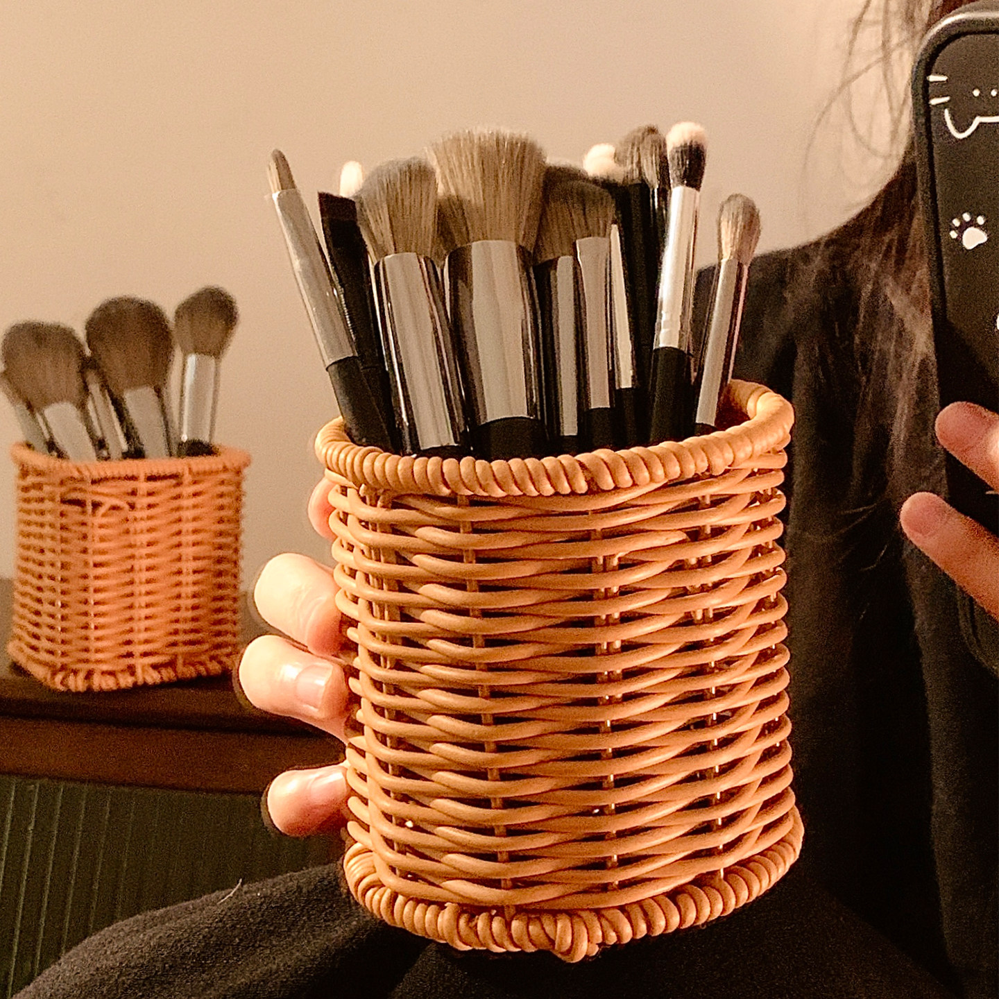 新中式复古藤编化妆刷收纳筒桌面化妆品口红置物架收纳盒笔桶新款,淘宝优惠券,粉丝福利购,淘宝优惠卷