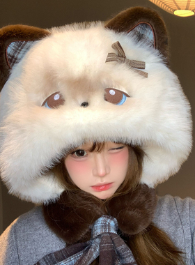 可爱暹罗猫毛绒帽子围巾一体