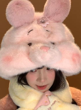 迪士尼小猪皮杰毛绒帽围巾一体女
