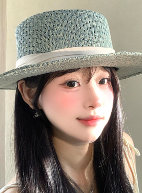 高级海青蓝平顶草编帽子女夏