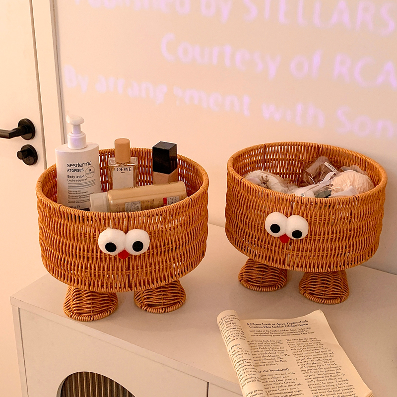 可爱藤编桌面收纳筐家用零食收纳盒杂物整理盒置物架客厅编织篮子 - 图0
