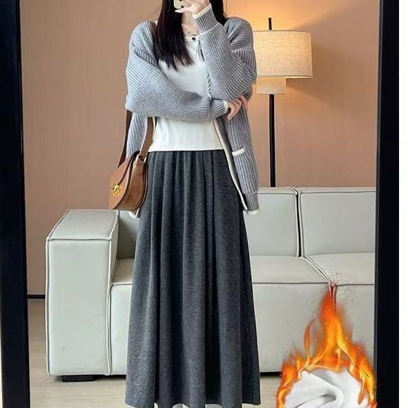 灰色糯米裙女秋冬季2025新款高腰a字伞裙中长款针织加绒半身裙子 - 图0