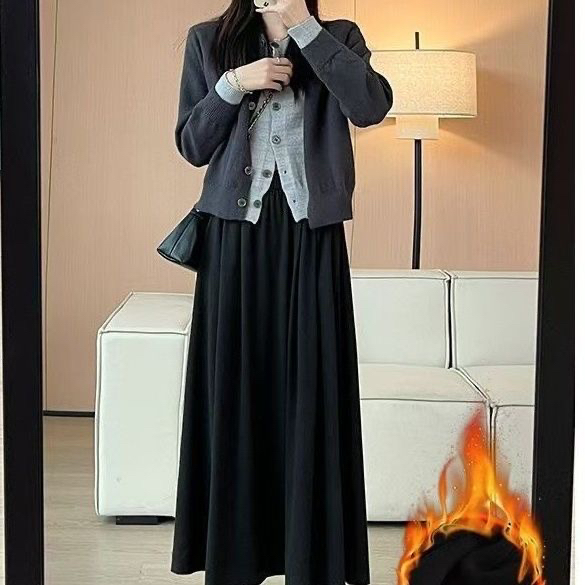 灰色糯米裙女秋冬季2025新款高腰a字伞裙中长款针织加绒半身裙子 - 图1