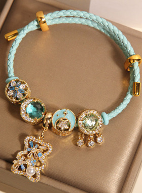 新中式蓝色皮绳星月手链女款轻奢小众高级感气质百搭小熊手串手环