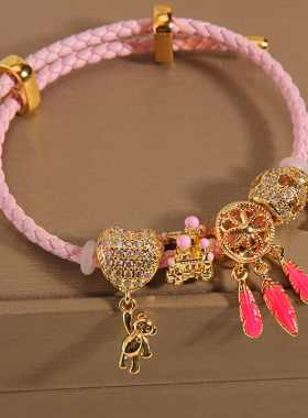 粉色皮绳捕梦网小熊吊坠手镯女