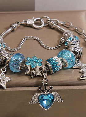 蓝色琉璃珠天使爱心吊坠手链女轻奢小众高级感星星月亮复古风手串