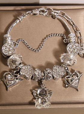 萌宠天使白色琉璃珠爱心手链女轻奢小众高级感小熊手串送闺蜜礼物