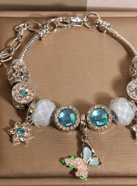 新中式蓝色琉璃珠潘家手链女轻奢小众精致高级感气质蝴蝶吊坠手串