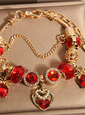 新中式红色琉璃珠潘家手链女轻奢小众精致高级感爱心吊坠手串手环