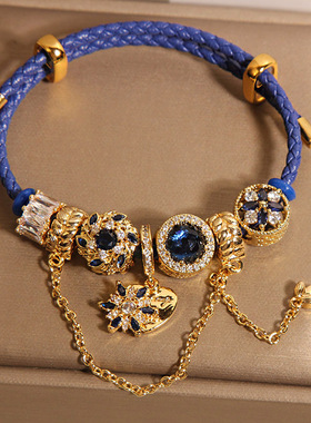 新中式蓝色皮绳手链女款轻奢小众高级感气质百搭微镶雪花吊坠手串